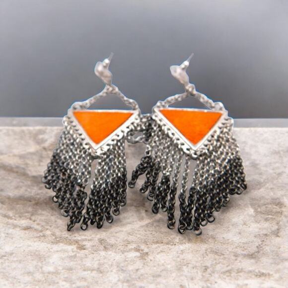 The Unbranded Brand Jewelry - Pierced Chevron Design Earrings Tassel Dangle Drop Orange Faux Leather
